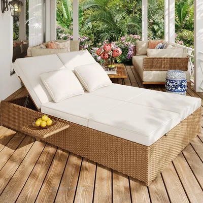Immagine prodotto di Flieks divano da giardino in rattan con schienale regolabile, set salotto da giardino set di mobili da giardino con ripiano rimovibile, lettino doppio da giardino con cuscini, bianco