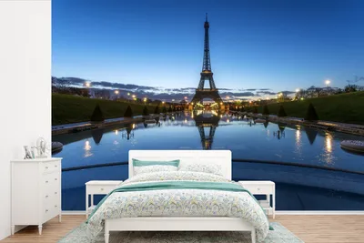 Produktbild von MuchoWow® Fototapete für Wohnzimmer oder Schlafzimmer Wandtapete Vinyl Motivtapete Der Eiffelturm am Abend bei sehr klarem Himmel in Paris - 330x220 cm - Fototapeten