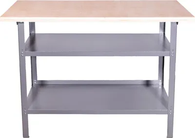 A workbench with two shelves against a white background.