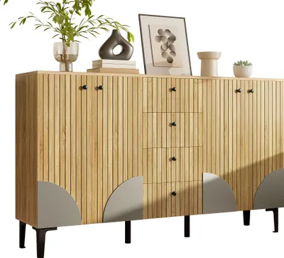 Image de Fortuna Lai Armoire de rangement moderne en bois avec 4 portes et 4 tiroirs, design minimaliste, idéale pour le salon, la salle à manger ou le couloir, 160x36x94 cm