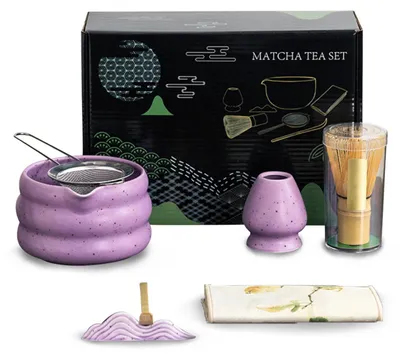 Produktbild von 7 Stück Matcha Set, Matcha Besen, Matcha Schale mit Ausgießer, Matcha Tee Set mit Zubehör für die traditionelle Matcha-Zeremonie Inklusive Matcha Bowl, Matcha Besen, Matcha Sieb und mehr,Lila