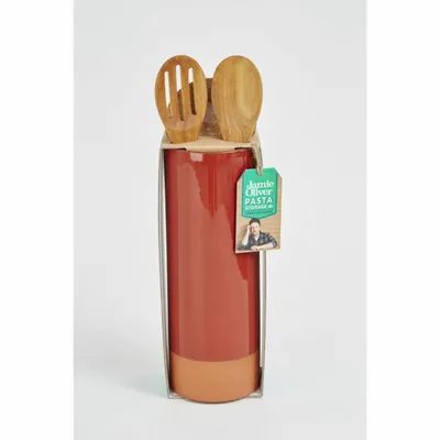 Immagine prodotto di Contenitore per pasta Jamie Oliver con mestolo coordinato, contenitore per pasta, scatola per pasta, coperchio in sughero, cucchiaio da portata, terracotta / legno d'acacia, rosso ruggine, Ø 10 cm, 555800