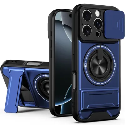 Produktbild von Magnetisch Hülle für iPhone 16 Pro Militär Stoßfest Hülle mit Dia Kameraschutz und Ringhalter Ständer Blau