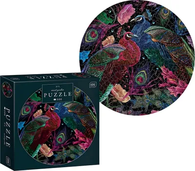 A product shot of a round jigsaw puzzle box and a close-up of the puzzle itself, featuring peacocks and floral elements.