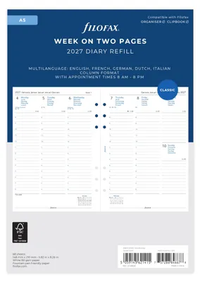 Produktbild von Filofax A5 Woche auf 2 Seiten, 5-sprachige Termine, 2027, Terminplaner 27-68514
