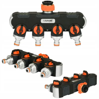 Immagine prodotto di Distributore d'acqua Smith Premium a 4 vie, universale, in metallo, robusto, con valvole di intercettazione | Raccordo robusto per tubo da giardino | Raccordo universale per tubo, adattatore per rubinetto, accessori per l'irrigazione del giardino