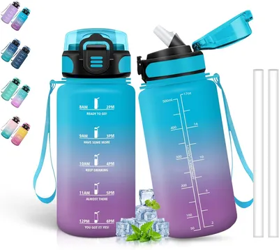 Produktbild von Kinder Trinkflasche 500 ml, mit Strohhalm, Motivations Wasserflasche, Blau Lila, für Schule