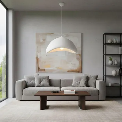 Immagine prodotto di Opviq, lampadario di alta qualità, struttura in metallo, calotta in fibra di vetro, 52 x 40 x 26 cm, altezza regolabile da 32 a 109 cm, attacco E27, IP20, design elegante in bianco per ambienti moderni.