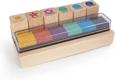 Produktbild von Stempelset Englisch, 6 bunte Holzstempel mit Stempelkissen, für Kinder und Unterricht