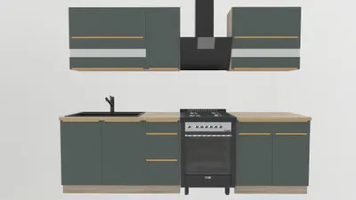 Obrázek produktu pro Kuchynská linka 270 cm – tmave zelená kuchyne – bez pracovní desky – vestavená kuchyne s tichým dovíráním a kovovými zásuvkami – zlaté úchytky – GLAMOUR B