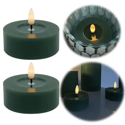Produktbild von LS-LebenStil 2x XL LED 3D Teelichter Ribe Grün 6,8x3cm Echtwachs-Spiegel flackernde flammenlose Kerze optional mit Fernbedienung / Dimmer / Timer
