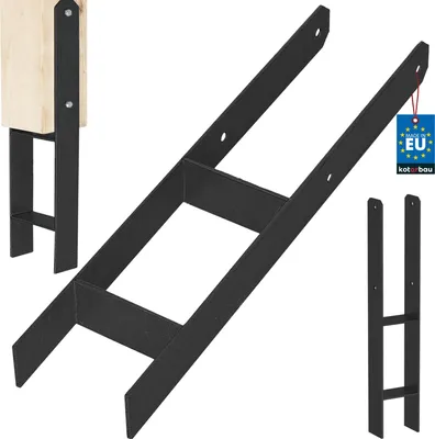 A black metal H-shaped column base is shown, with a wooden post attached to one of them. There are also two smaller, separate H-shaped metal pieces shown. A small blue tag with stars and text is visible.