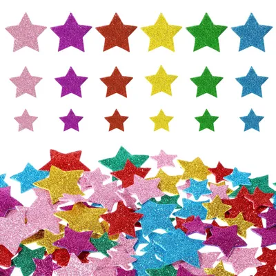 Schaumstoff-Sternaufkleber, 450 Stück, 6 Farben, 3 Größen, glitzernd