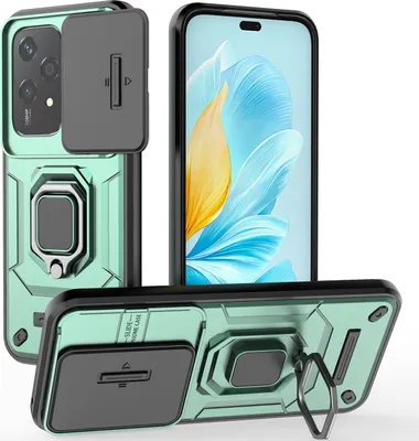 Obrázek produktu pro Pouzdro pro Honor 200 Lite dvouvrstvé pouzdro s posuvnou ochranou kamery a držákem prstenu, stojánek zelené
