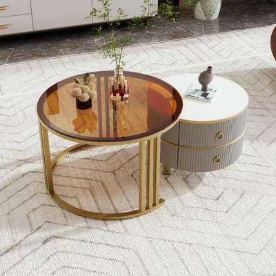 Produktbild von Set aus 2 runden, ineinander schiebbaren Couchtischen, 70 x 50 cm – mit brauner Glasplatte, 2 Schubladen – Grau