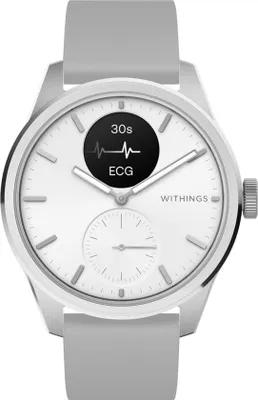 A close-up, front-facing studio shot of a smartwatch with a white face and a silver case, displaying an ECG reading on its screen.