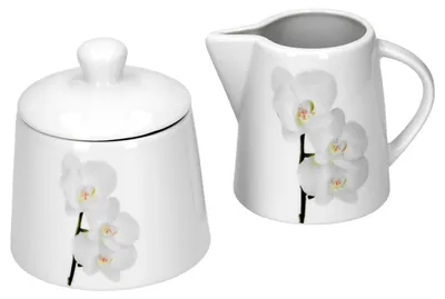 Produktbild von Van Well Vanda weiße Orchidee 2-tlg. Set Zuckerdose mit Deckel, Ø 95 mm + Milchkännchen, 220 ml, Blumendekor edles Marken-Porzellan