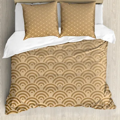 Produktbild von ABAKUHAUS Beige Bettbezug Set, Orientalische Wellen Moderne Illustration Alte Königliche Muster Grafik Druck, 155 x 220 cm + 80 x 80 cm, Französisch Beige