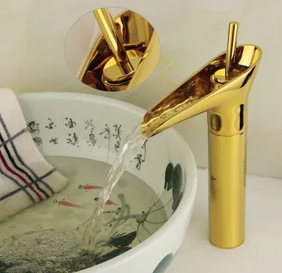 Produktbild von Waschtischarmatur Badezimmer Wasserfall Vintage Retro Messing Einhebel Wasserhahn Bad Mischbatterie Badarmatur Waschbeckenarmatur Golden
