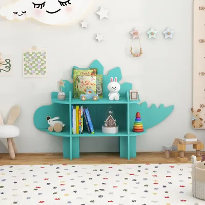 Image de COSTWAY Étagère pour enfants 2 niveaux, Étagère à jouets en bois avec étagères ouvertes (Vert,Dinosaure)