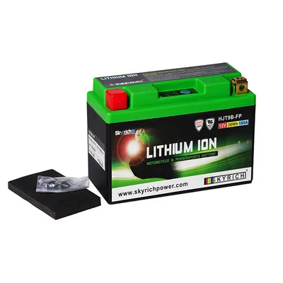 A product shot of a motorcycle battery with accessories.