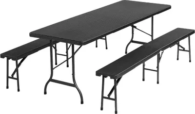 A black folding table and two benches are shown against a white background.