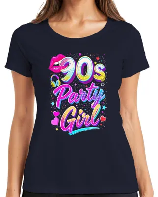 Obrázek produktu pro Dámské tričko ve stylu 90. let s motivem party girl, neonovými rty, sluchátky, srdíčky a hvězdami, retro, velikost XL, tmavě modrá