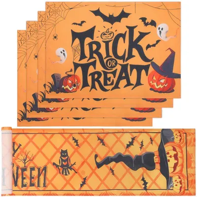 Immagine prodotto di Runner da tavolo per Halloween con 4 tovagliette, dimensioni 183x33 cm, lavabili, in lino, con motivi di ragnatela, zucca e fantasma