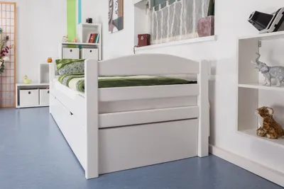 Produktbild von Einzelbett / Ausziehbett "Easy Premium Line" K1/h/s inkl. 2. Liegeplatz und 2 Abdeckblenden, 90 x 200 cm Buche Vollholz massiv weiß lackiert