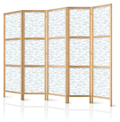 Immagine prodotto di Pannello divisorio giapponese, 5 ante, pieghevole, realizzato in tessuto non tessuto di alta qualità, con motivo di pesci, ideale per il soggiorno, dimensioni 225 cm x 172 cm