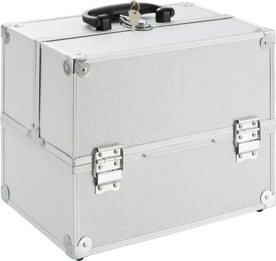 Produktbild von Kozmetický kufrík AREBOS | 15 l | 5 priehradiek | hliník | vrátane zámku a kľúča | 2 výklopné police | 32 x 27 x 22 cm | strieborná