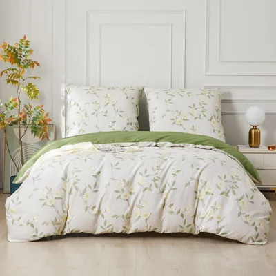 Produktbild von Bettwäsche Set 200x220 cm Baumwolle Weiß Grün 3-teilig mit Blumenmuster