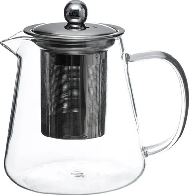 A clear glass teapot with a stainless steel infuser and lid, presented against a white background.