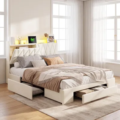 Obrázok produktu pre INONEFT čalúnená posteľ 140 × 190 cm, posteľ pre mládež, dvojposteľ s LED osvetlením a USB portmi, posteľ pre dospelých s roštom a 3 zásuvkami, materiál: zamat, farba: béžová