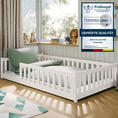 Image de Lit d'enfant au sol 120 x 200 cm avec barrière de sécurité et sommier à lattes Lit Montessori Lit à barreaux Lit pour enfants et adolescents Lit simple | Coton