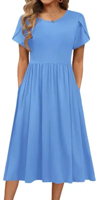 Produktbild von Eleganter Midikleid - Kurze Ärmel - Lässiges Sommerkleid - A-Linien-Kleid - Knieumschmeichelnd - Mit Taschen - Rundhalsausschnitt