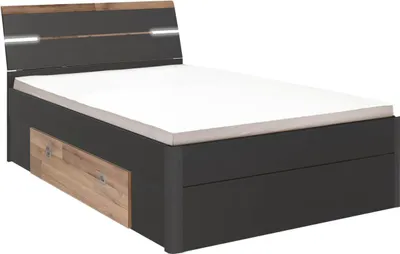 Produktbild von Bettanlage MARS Stauraumbett mit beleuchtetem Kopfteil und 2 Bettschubkästen, Holznachbildung Graphit/Montana Eiche