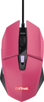 A pink gaming mouse is shown from a top-down perspective against a white background.