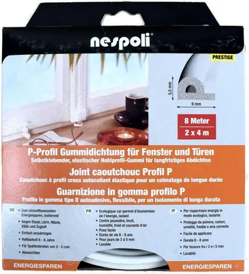 Produktbild von Nespoli Fenster- und Türdichtung mit P-Profil je 4 m, 9 x 5,5 mm, weiß, 2 Stück