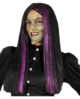 Produktbild von Schwarze Hexenperücke mit lila Strähnen - Halloween Perücke