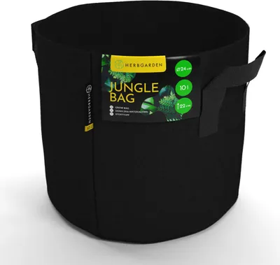 A black fabric grow bag with a product label.