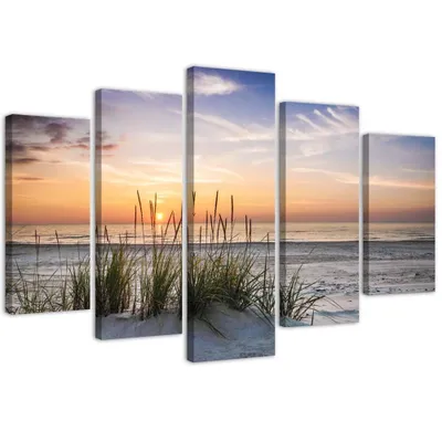 Produktbild von 5-teiliges leinwandbild spaziergang durch die dünen 200x100 cm Feeby blau wandbild bereit zum aufhängen