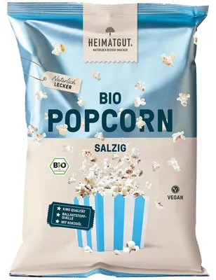 Produktbild von Heimatgut Popcorn Salzig, Schmetterlingsform, 60 g, 1 Stück(e), Salz, Gentechnisch veränderter Organismus (GMO), Palmöl, 1,5 g
