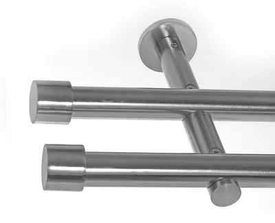 Produktbild von BASIT® Gardinenstange Set Edelstahl Look Metall Ø 19mm zur Wandbefestigung 2-lauf Kappe, Länge wählbar H29 E61 E61