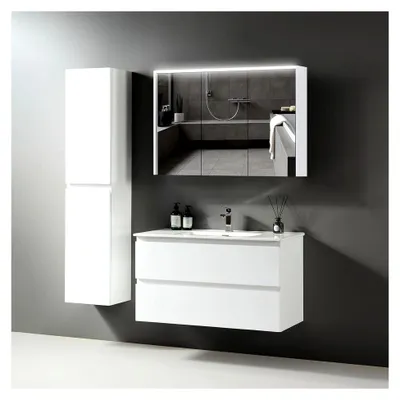 Produktbild von Waschbecken für Gäste-WC mit Unterschrank 100 cm Breite | Waschbeckenunterschrank in Weiß | Badezimmermöbel Set
