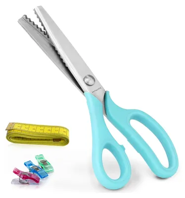 Produktbild von Zickzackschere Set für Stoff - 20 Stoffklammern & 1 Maßband - Hochwertige Zickzackschere für Näharbeiten, Hobby & Basteln mit Nähzubehör in Türkis