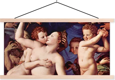 Produktbild von MuchoWow® Textilposter Venus, Amor, Torheit und Zeit - Leonardo da Vinci 120x60 cm mit holzfarbenen Rahmen - Klemmleiste