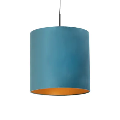 Produktbild von QAZQA - Klassisch I Antik Hängelampe I Pendellampe I Pendelleuchte mit Veloursschirm blau mit Gold I Messing 40 cm - Combi I Wohnzimmer I Schlafzimmer - Textil Zylinder I Länglich I Rund - LED geeigne