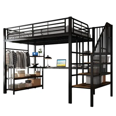 Produktbild von Hochbett mit Schreibtisch und Regal, 120x200 cm, Metallbett, Kinderbett mit Rausfallschutz, Mehrfachsteckdose und Treppe