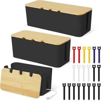 Produktbild von Famanu Kabelbox Set – 3 Größen mit Holzdeckel und 20 Kabelbindern